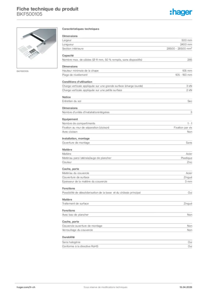 Image Hager Fiche technique du produit BKF500105 | Hager Suisse