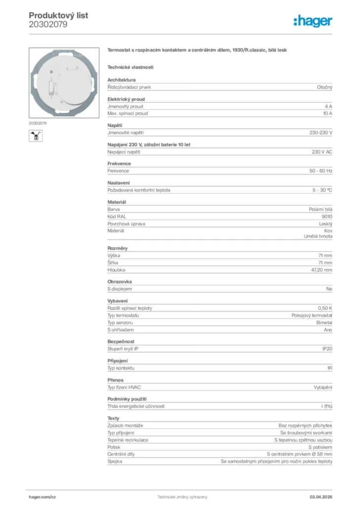 Obrázek Hager Product data sheet 20302079 | Hager