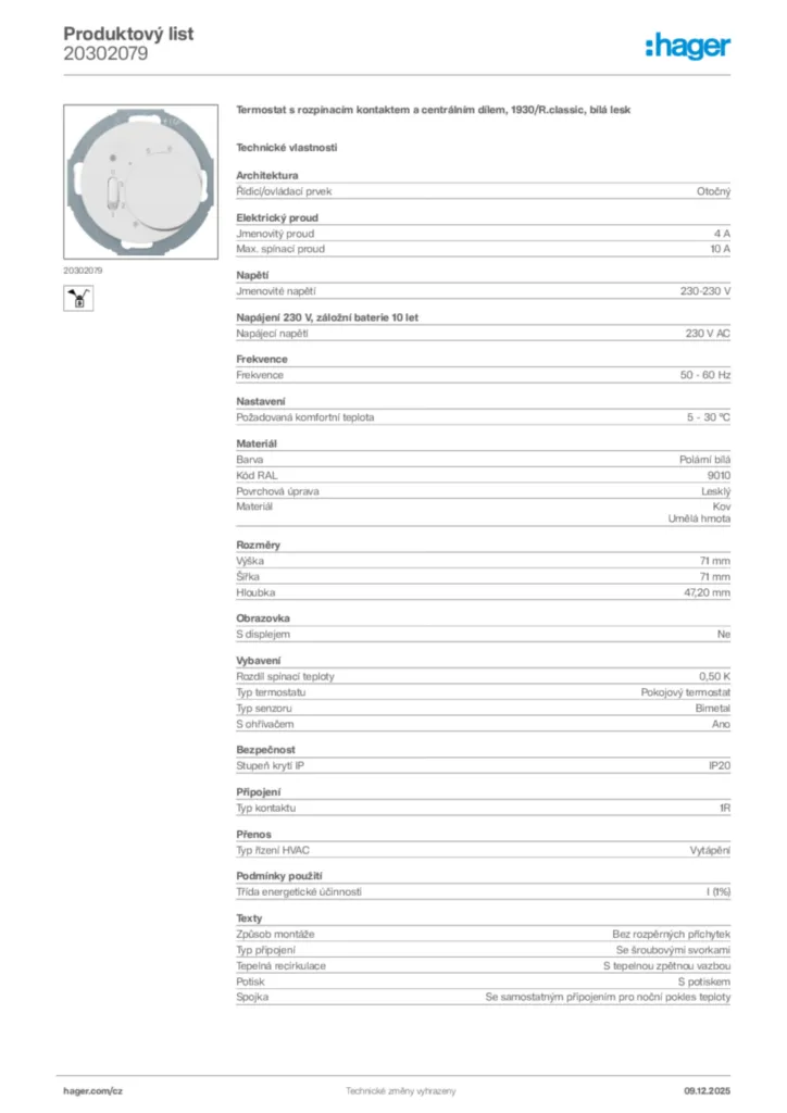 Obrázek Hager Produktový list 20302079 | Hager