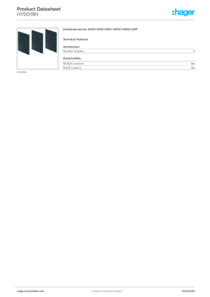 Image Hager Product data sheet HYD019H  | Hager