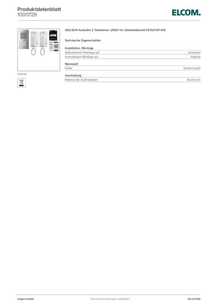 Bild Elcom Produktdatenblatt 1000728 | Hager Deutschland