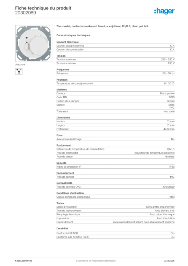 Image Hager Fiche technique du produit 20302089 | Hager Belgique