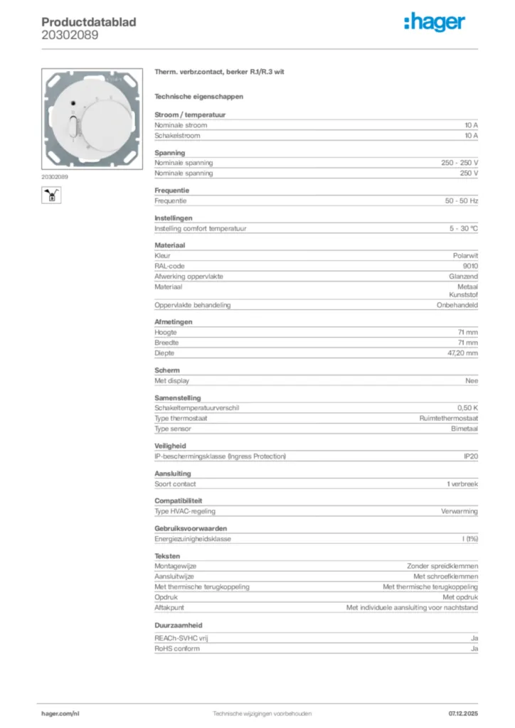 Afbeelding Hager Productdatablad 20302089 | Hager Nederland