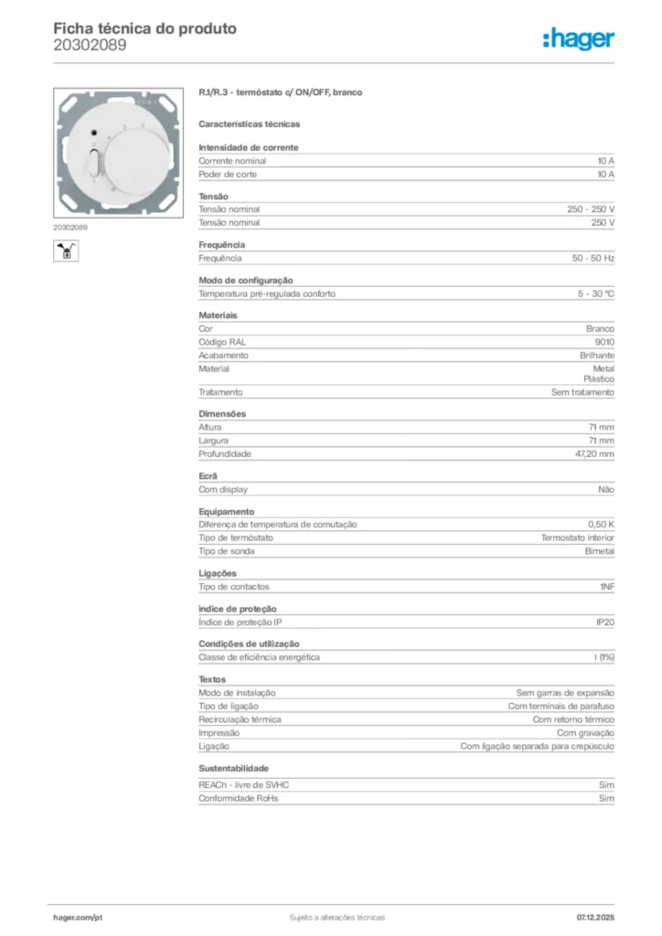 Imagem Hager Ficha técnica do produto 20302089 | Hager Portugal