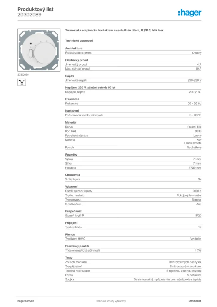 Obrázek Hager Produktový list 20302089 | Hager