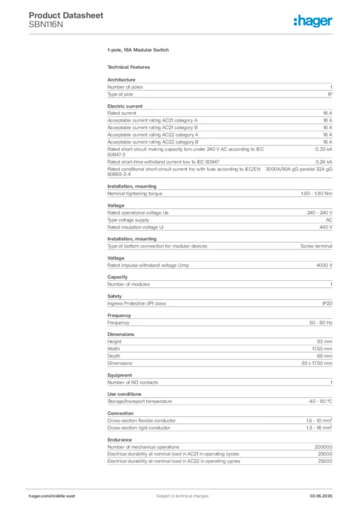 Image Hager Product data sheet SBN116N  | Hager