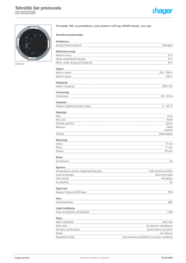 Slika Hager Product data sheet 20302035  | Hager