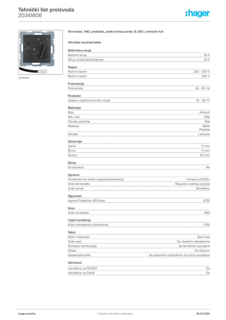 Slika Hager Product data sheet 20341606  | Hager