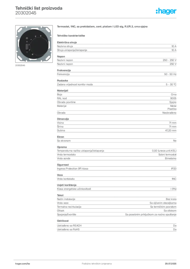 Slika Hager Product data sheet 20302045  | Hager