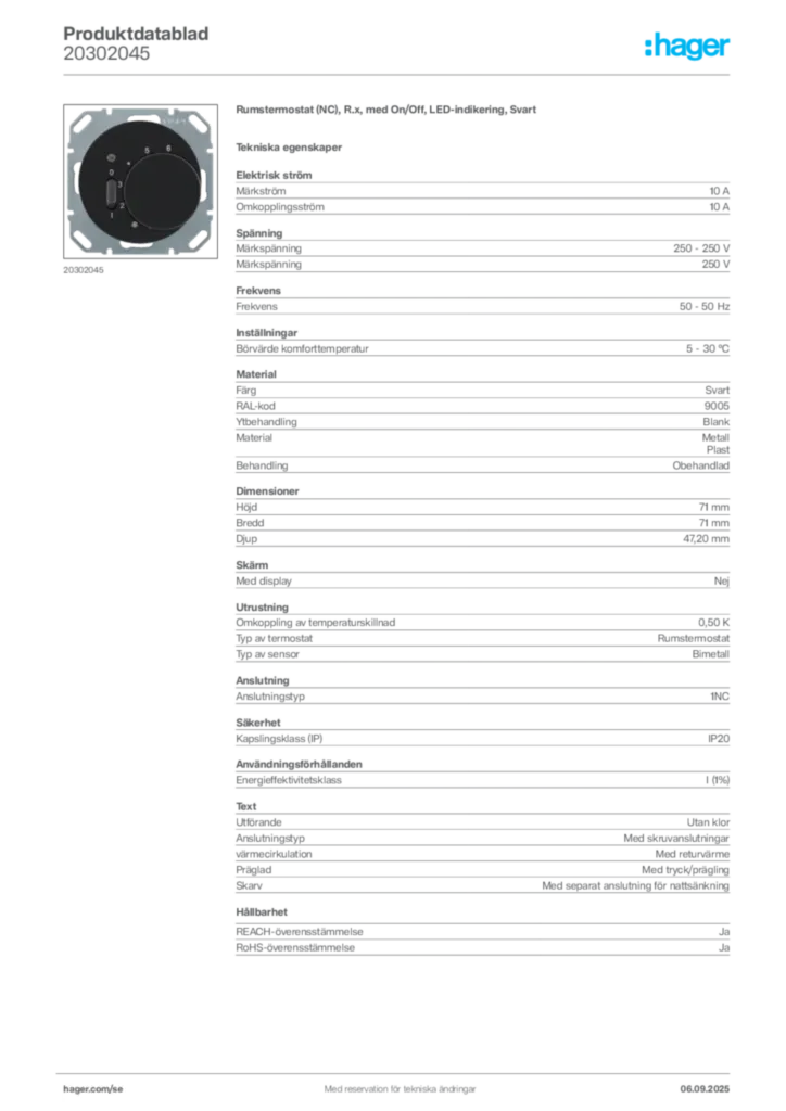 Bild Hager Produktdatablad 20302045 | Hager Sverige