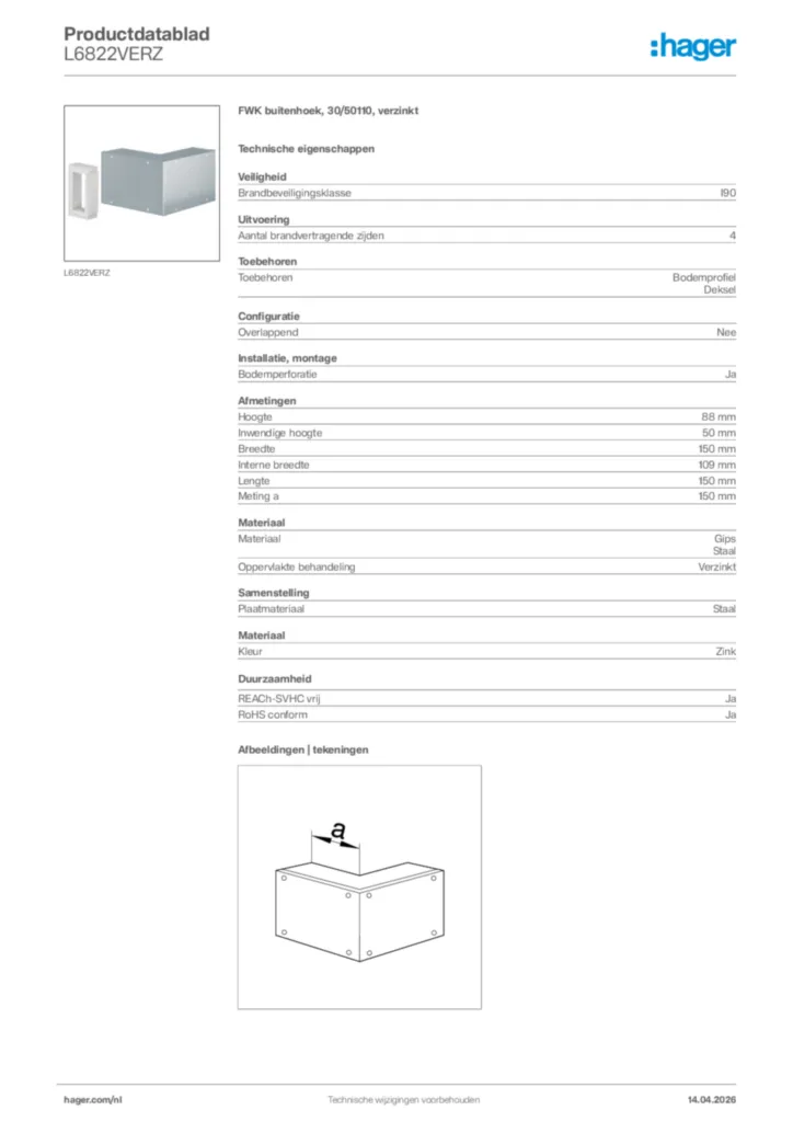 Afbeelding Hager Productdatablad L6822VERZ | Hager Nederland
