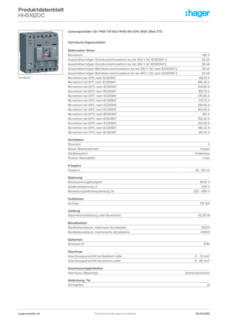 Bild Hager Produktdatenblatt HHS162DC | Hager Schweiz