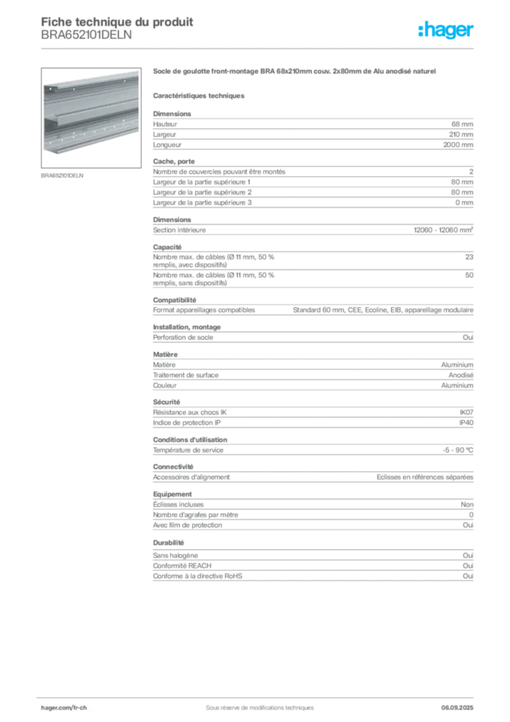 Image Hager Fiche technique du produit BRA652101DELN | Hager Suisse
