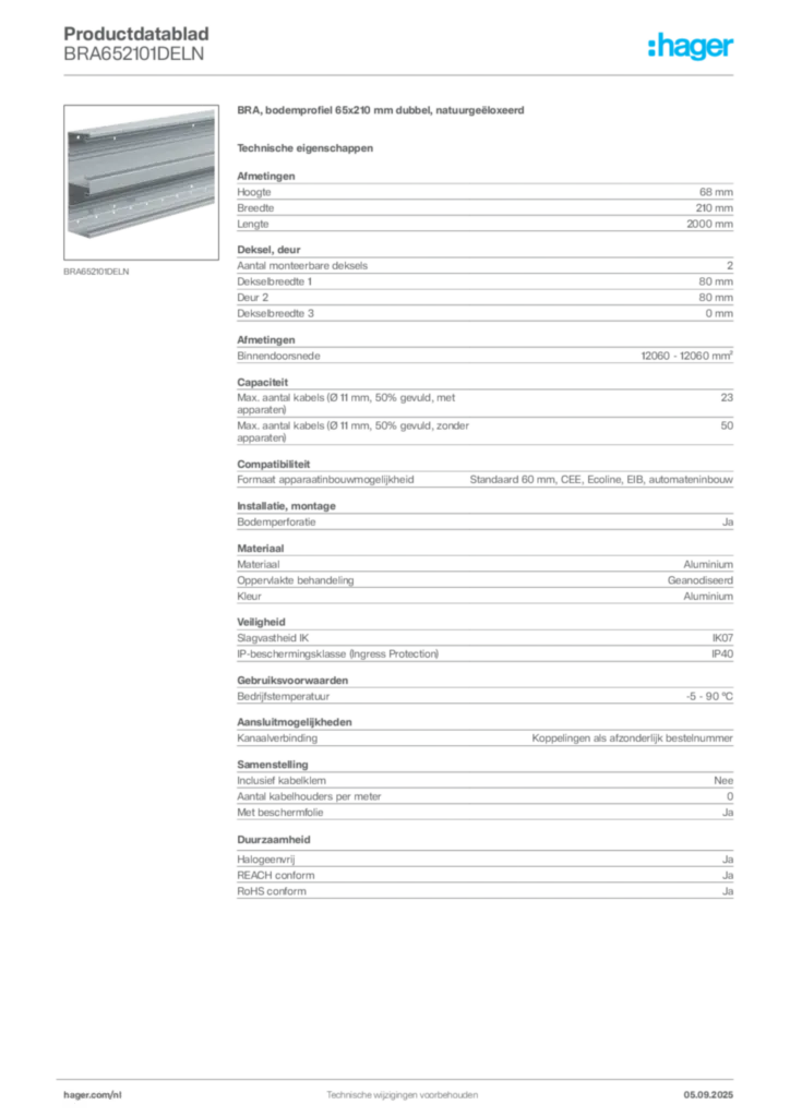 Afbeelding Hager Productdatablad BRA652101DELN | Hager Nederland