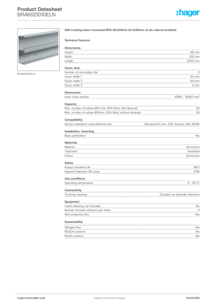 Image Hager Product data sheet BRA652101DELN  | Hager