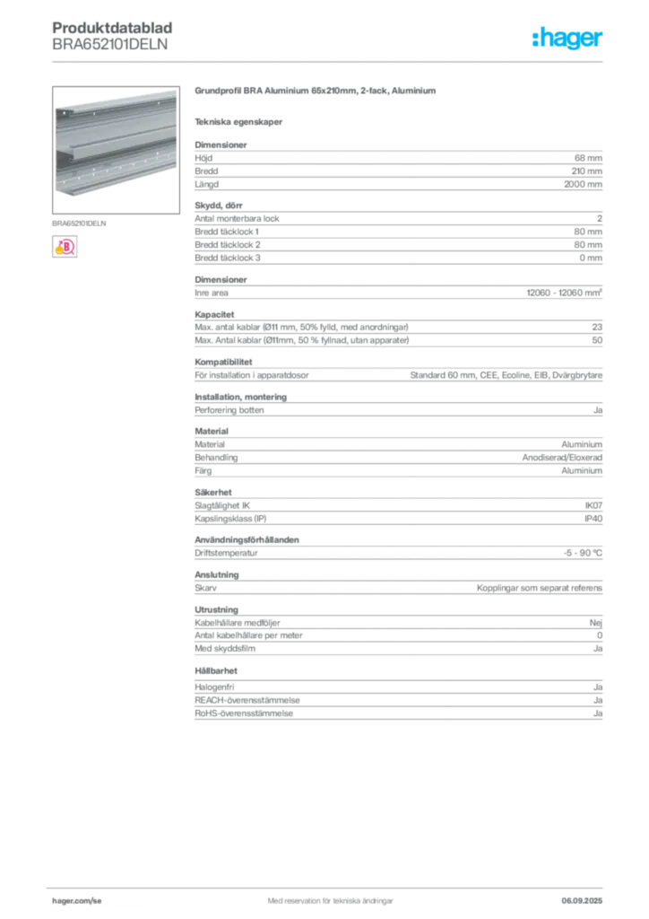 Bild Hager Produktdatablad BRA652101DELN | Hager Sverige
