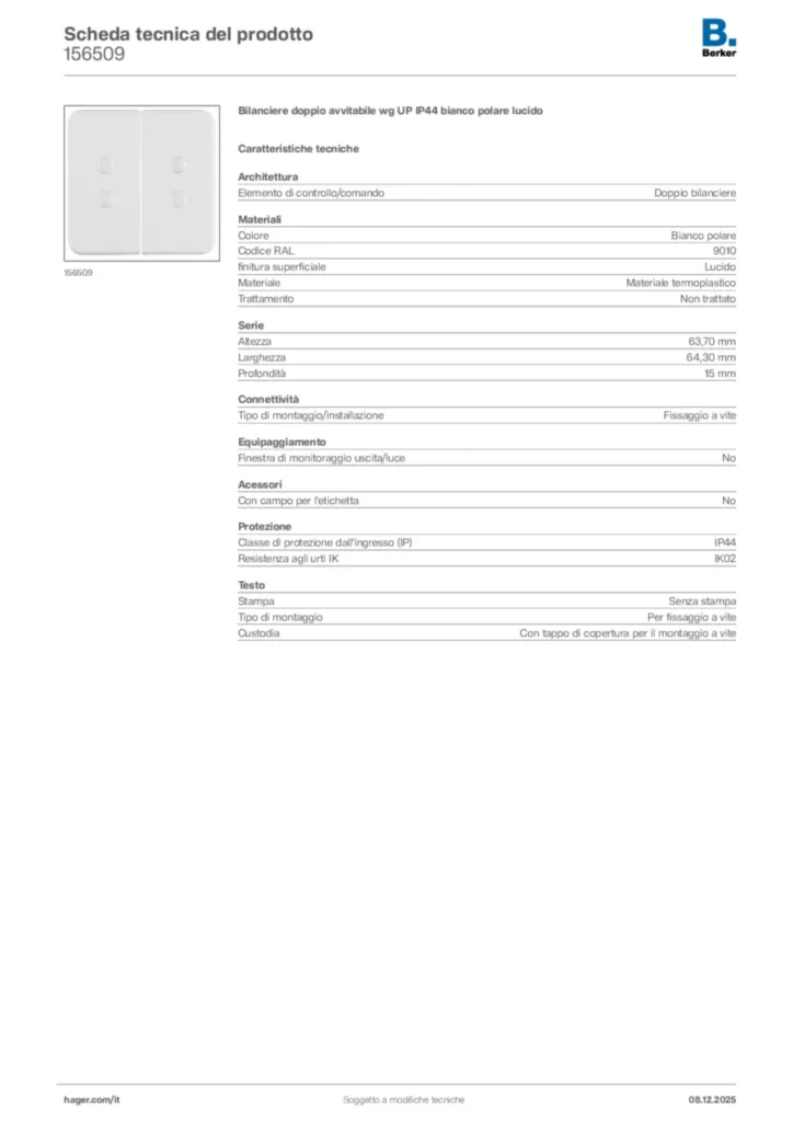 Immagine Berker Scheda tecnica del prodotto 156509 | Hager Italia
