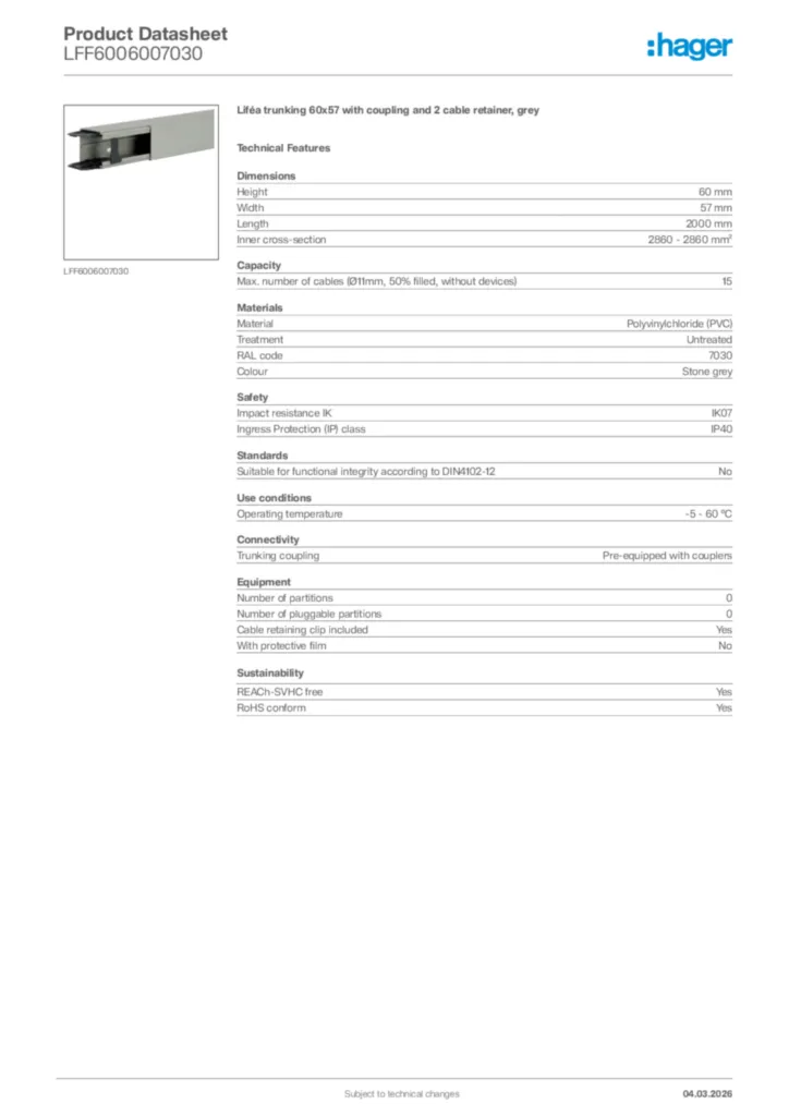 Image Hager Product data sheet LFF6006007030  | Hager Africa