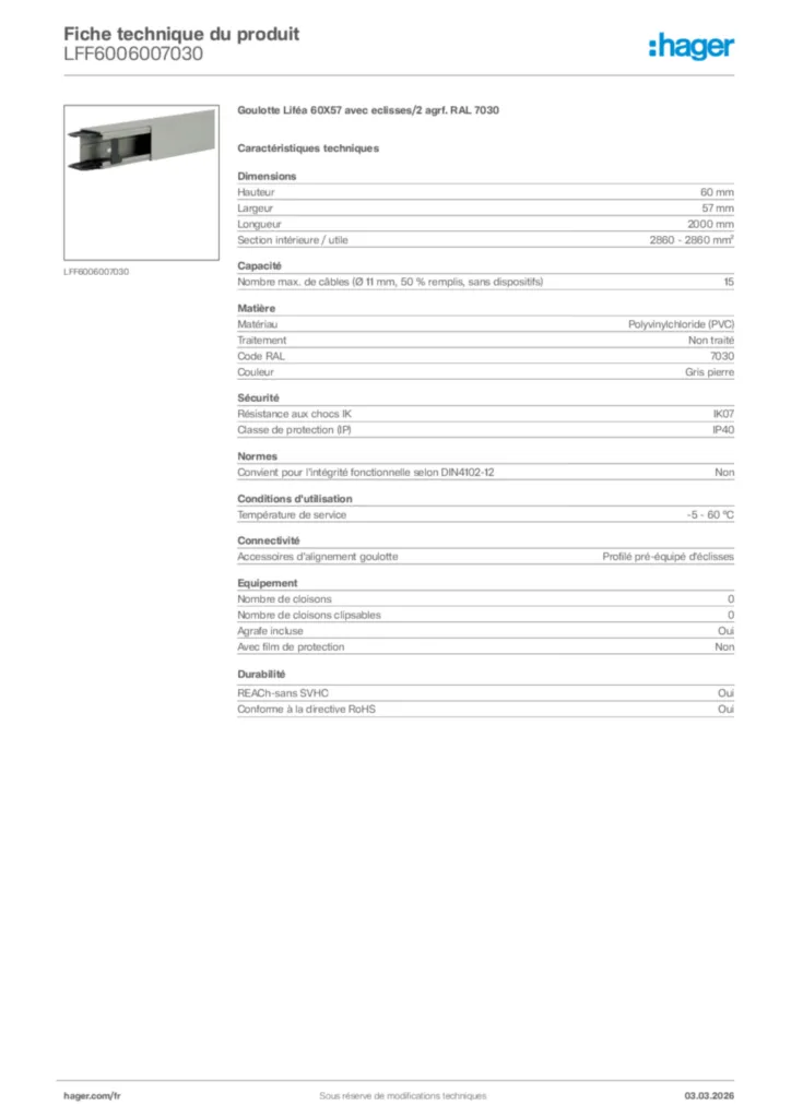 Image Hager Fiche technique du produit LFF6006007030 | Hager France