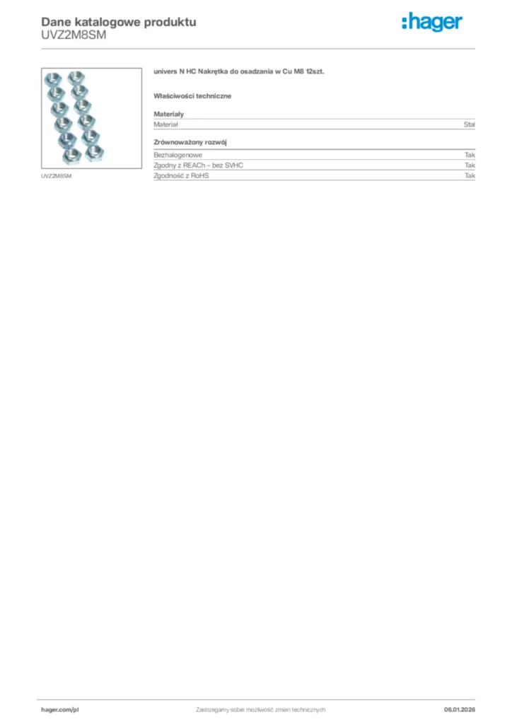 Zdjęcie Hager Karta katalogowa UVZ2M8SM | Hager Polska