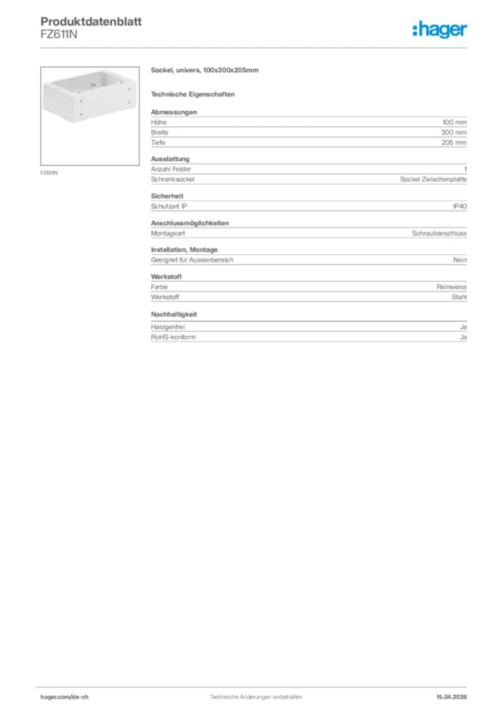 Bild Hager Produktdatenblatt FZ611N | Hager Schweiz