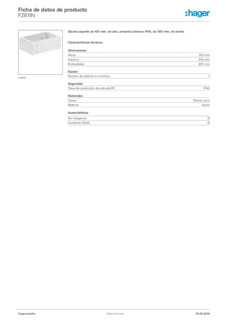Imagen Hager Ficha de datos de producto FZ611N | Hager España
