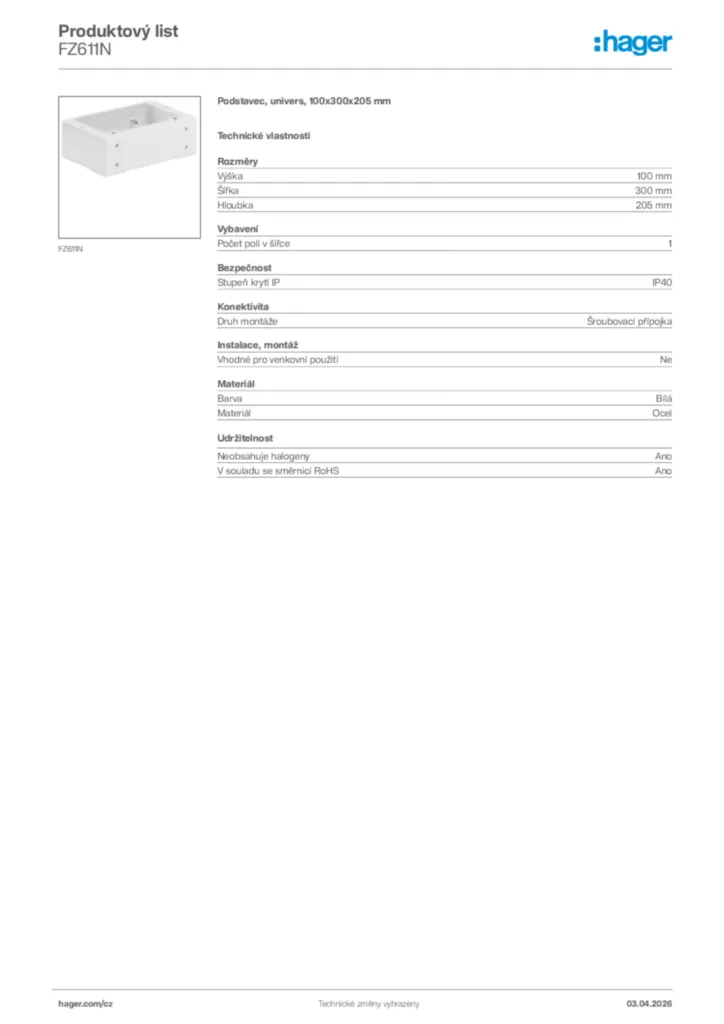 Obrázek Hager Product data sheet FZ611N | Hager