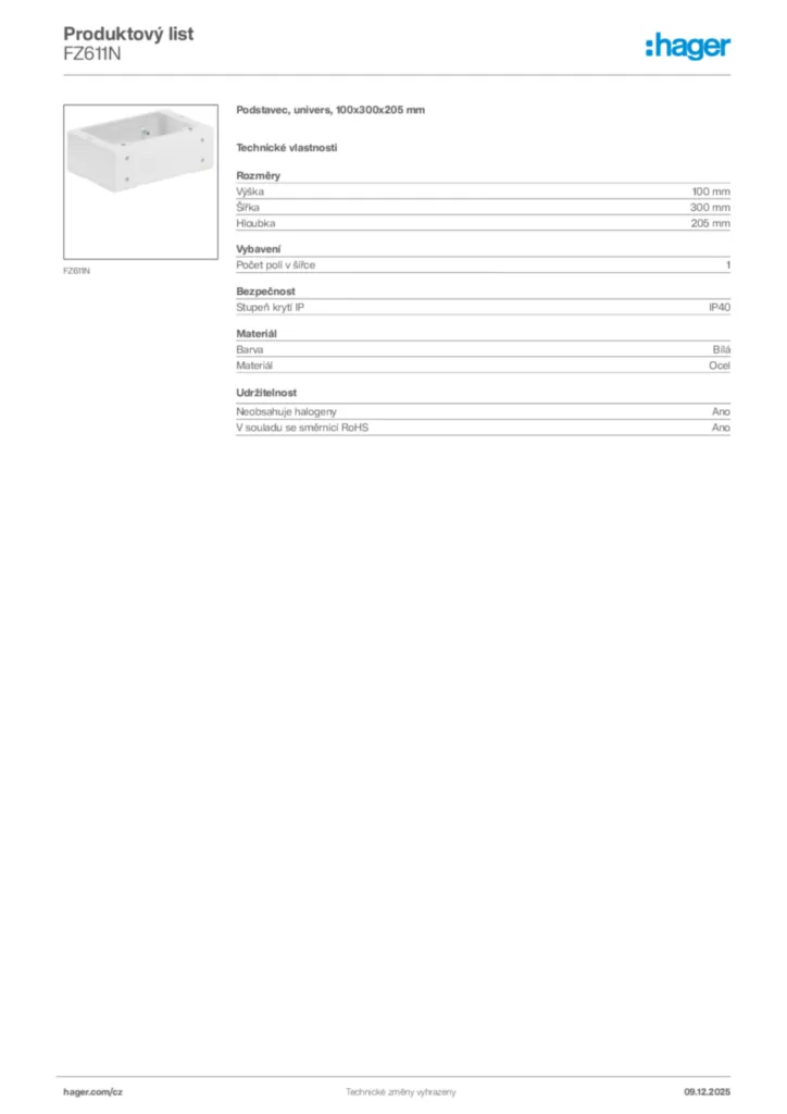 Obrázek Hager Produktový list FZ611N | Hager