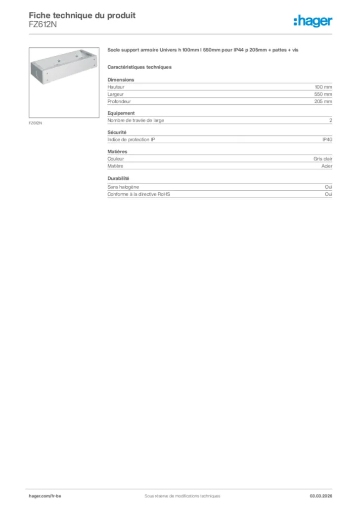 Image Hager Fiche technique du produit FZ612N | Hager Belgique