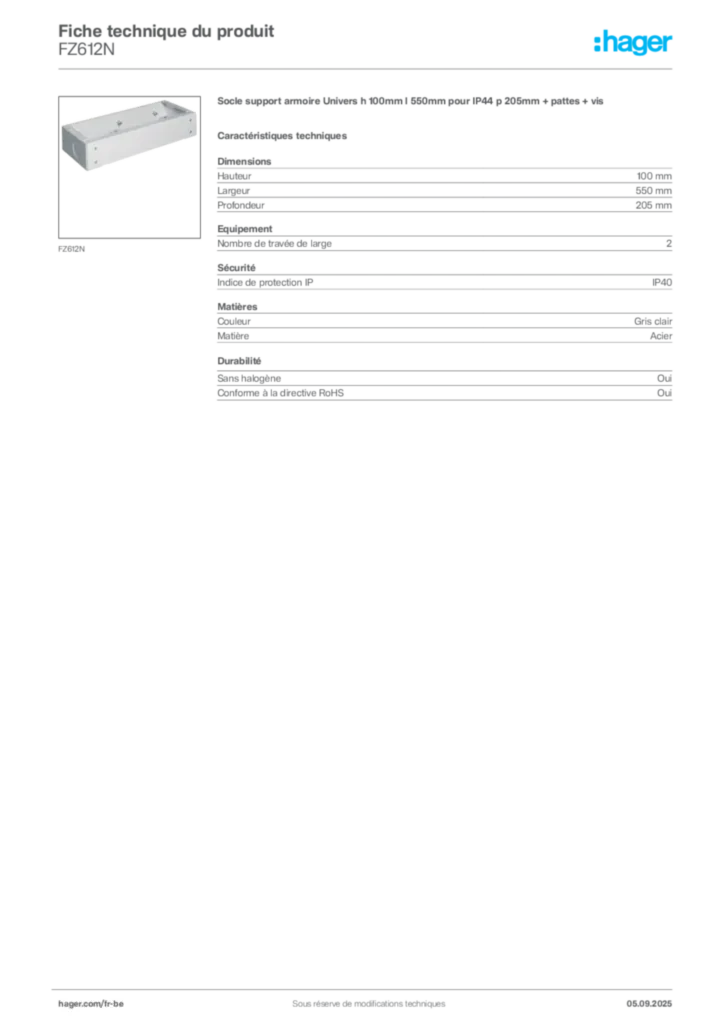 Image Hager Fiche technique du produit FZ612N | Hager Belgique
