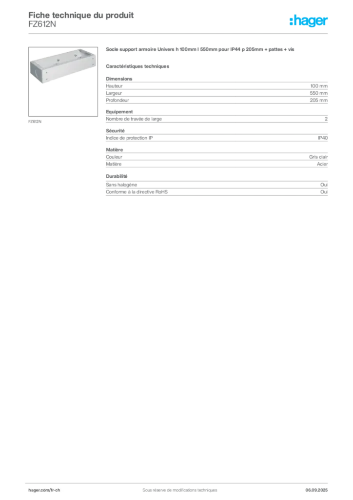 Image Hager Fiche technique du produit FZ612N | Hager Suisse