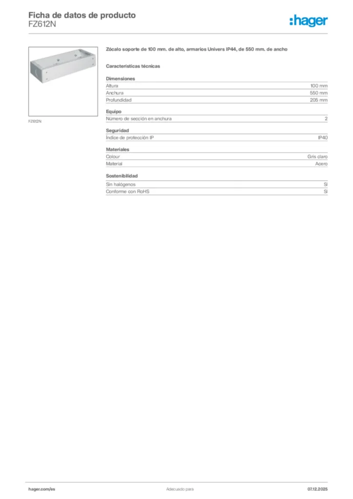 Imagen Hager Ficha de datos de producto FZ612N | Hager España