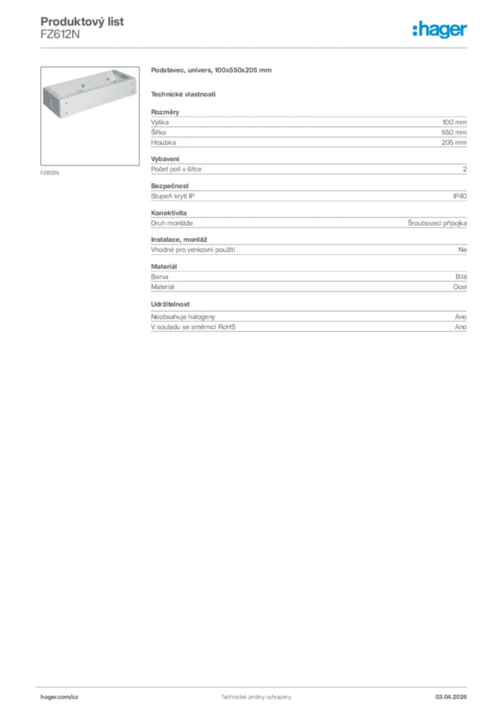 Obrázek Hager Product data sheet FZ612N | Hager