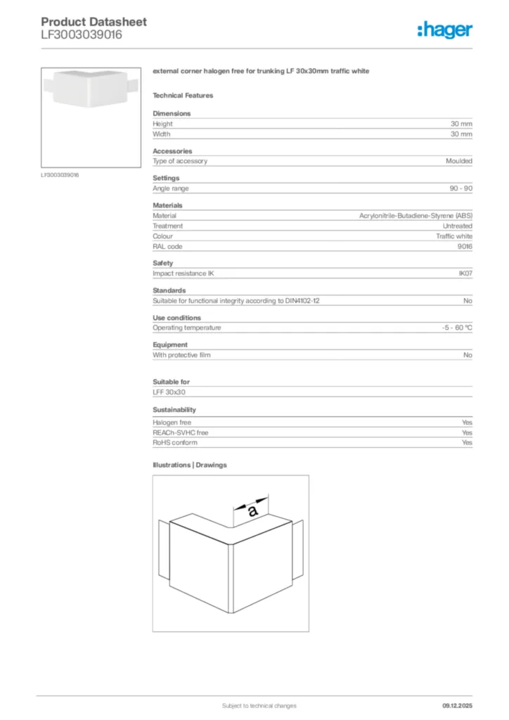 Image Hager Product data sheet LF3003039016  | Hager Africa