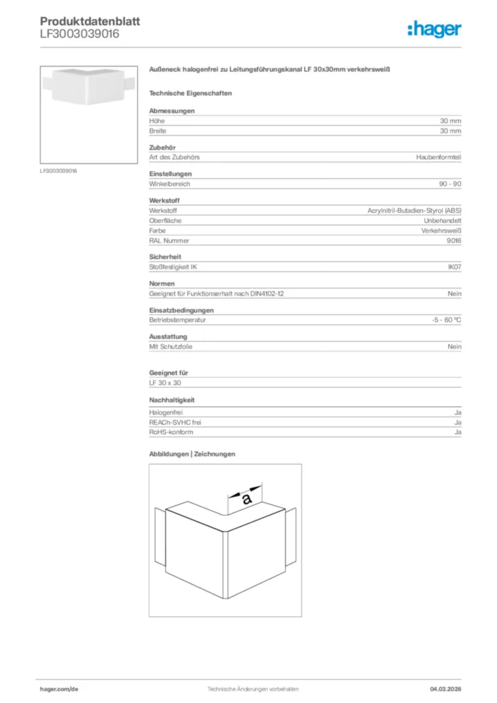 Bild Hager Produktdatenblatt LF3003039016 | Hager Deutschland