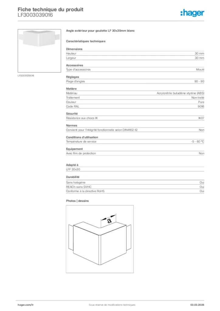 Image Hager Fiche technique du produit LF3003039016 | Hager France