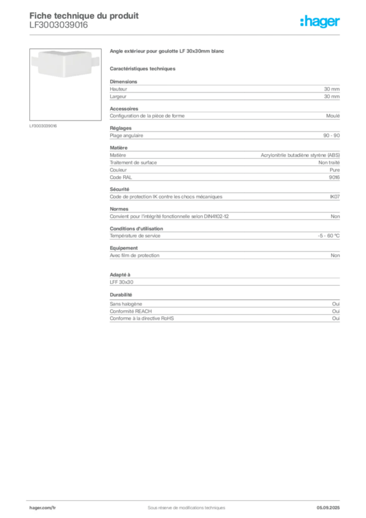 Image Hager Fiche technique du produit LF3003039016 | Hager France