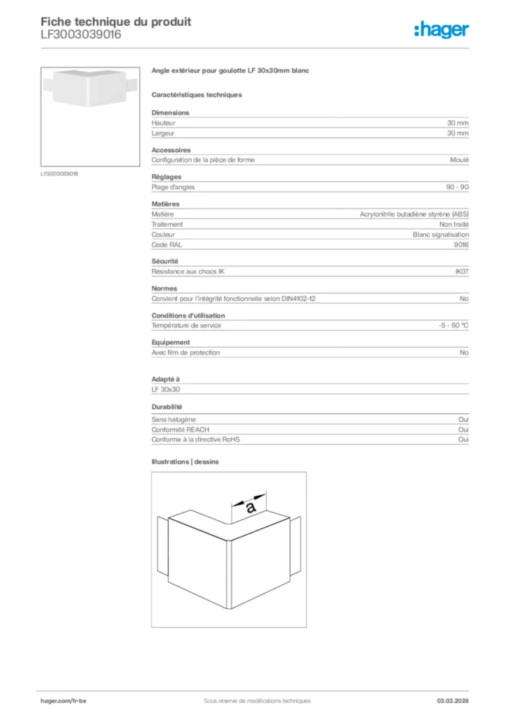 Image Hager Fiche technique du produit LF3003039016 | Hager Belgique