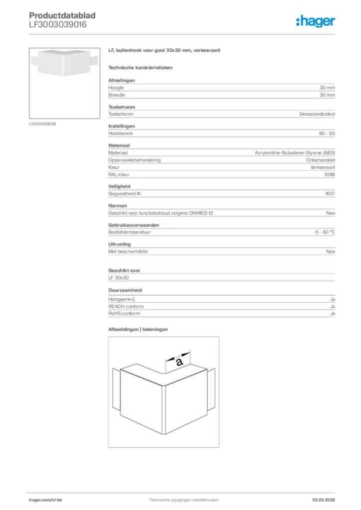 Afbeelding Hager Productdatablad LF3003039016 | Hager Belgium