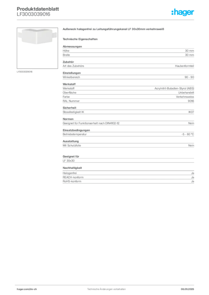 Bild Hager Produktdatenblatt LF3003039016 | Hager Schweiz
