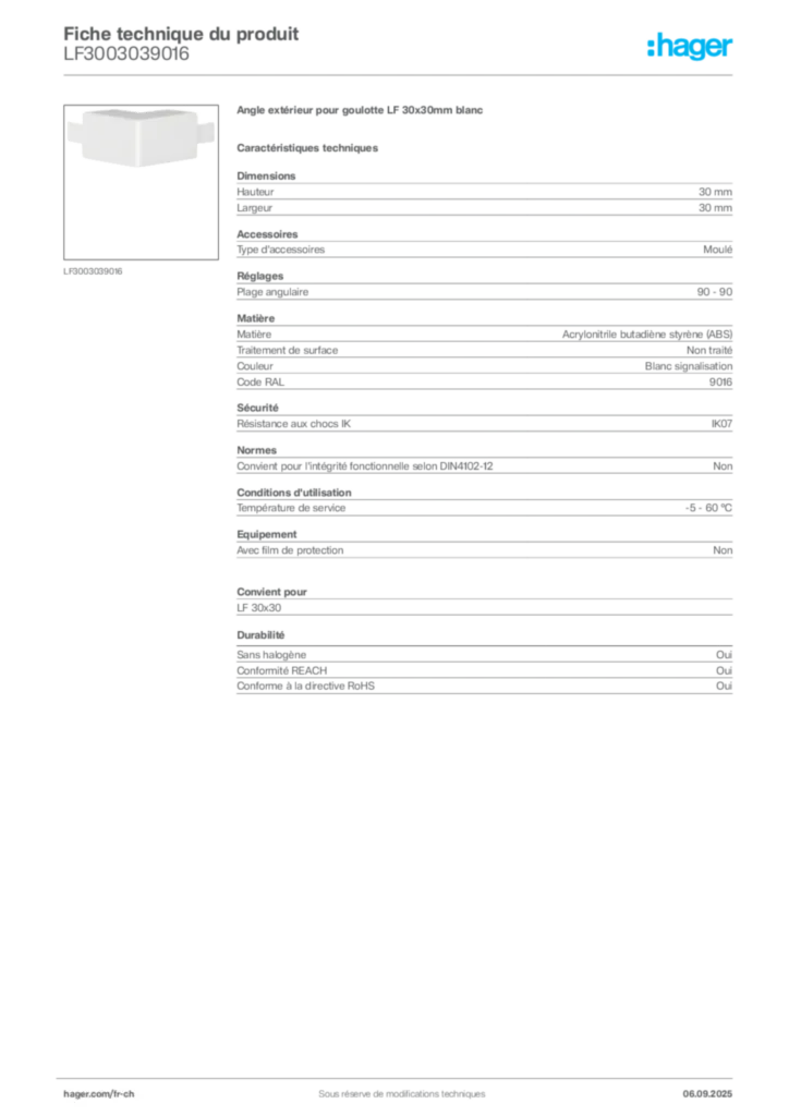 Image Hager Fiche technique du produit LF3003039016 | Hager Suisse