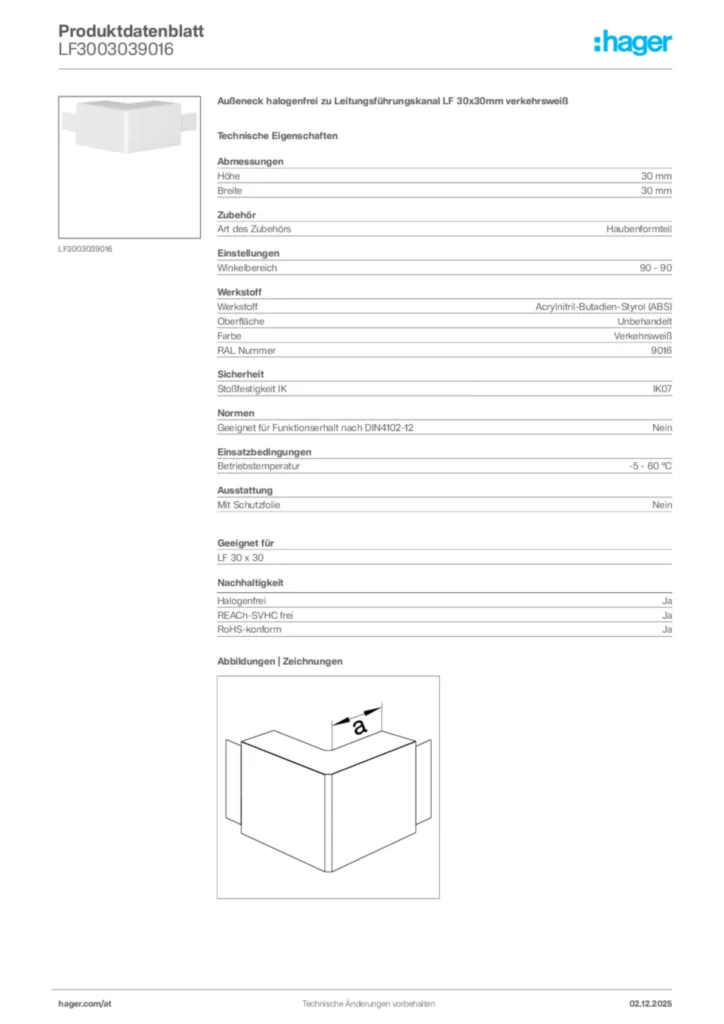 Bild Hager Produktdatenblatt LF3003039016 | Hager Deutschland