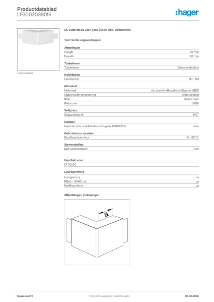 Afbeelding Hager Productdatablad LF3003039016 | Hager Nederland