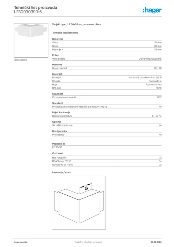 Slika Hager Tehnički list proizvoda LF3003039016  | Hager