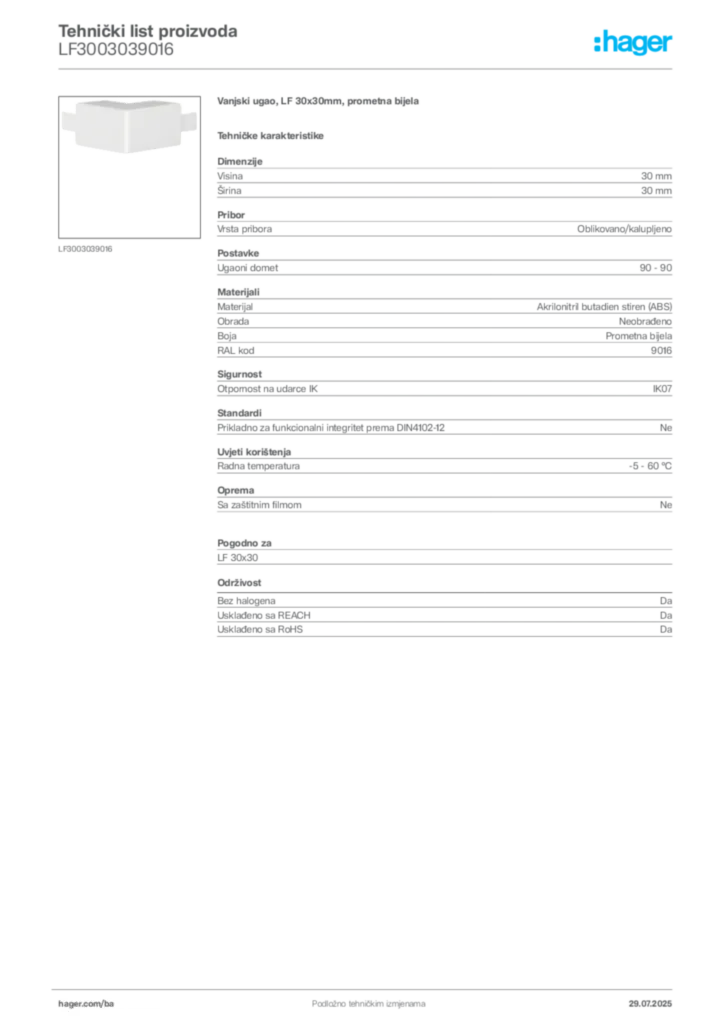 Slika Hager Product data sheet LF3003039016  | Hager