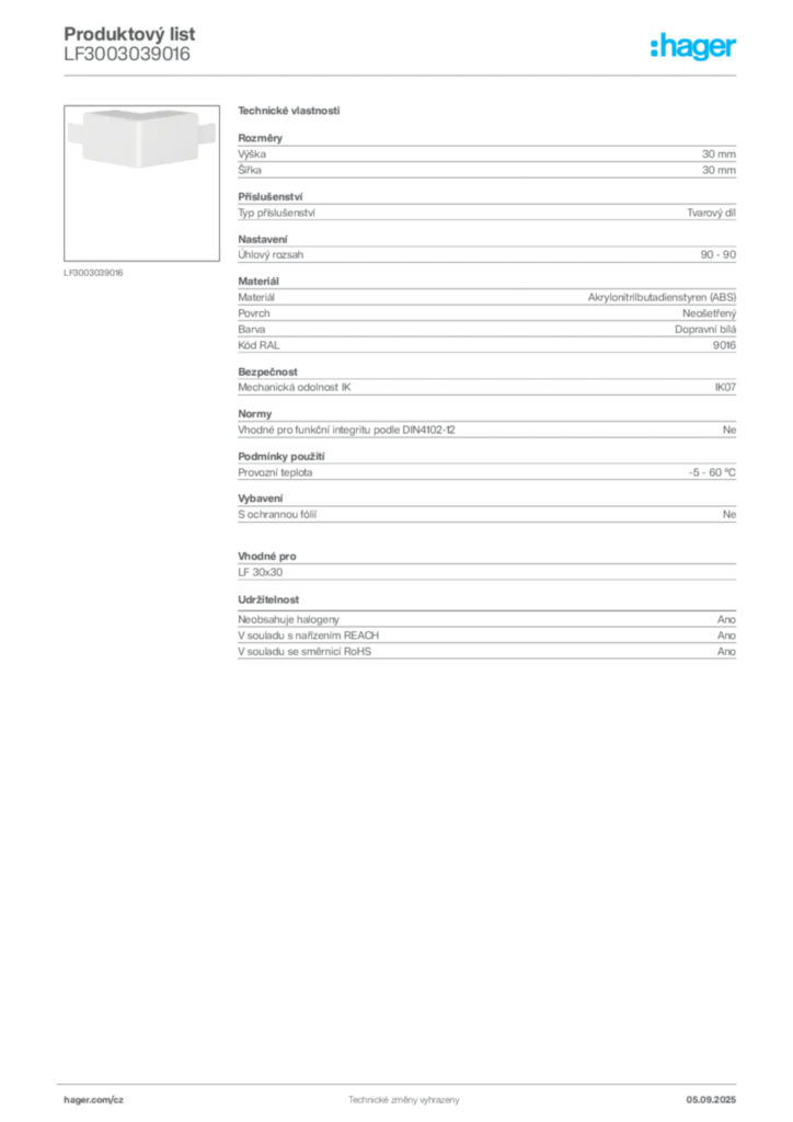 Obrázek Hager Produktový list LF3003039016 | Hager