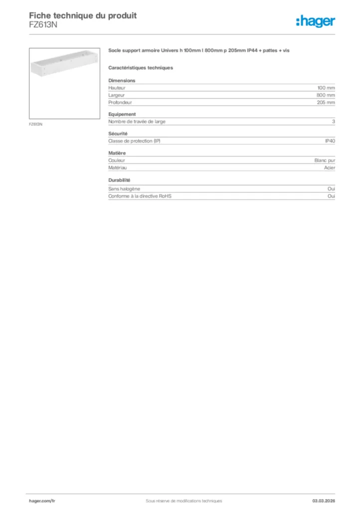 Image Hager Fiche technique du produit FZ613N | Hager France