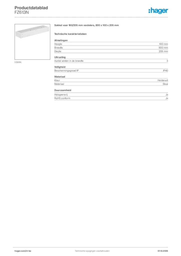 Afbeelding Hager Productdatablad FZ613N | Hager Belgium