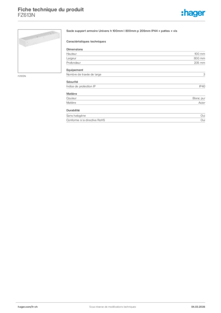 Image Hager Fiche technique du produit FZ613N | Hager Suisse