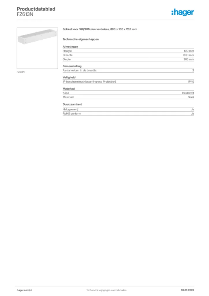 Afbeelding Hager Productdatablad FZ613N | Hager Nederland